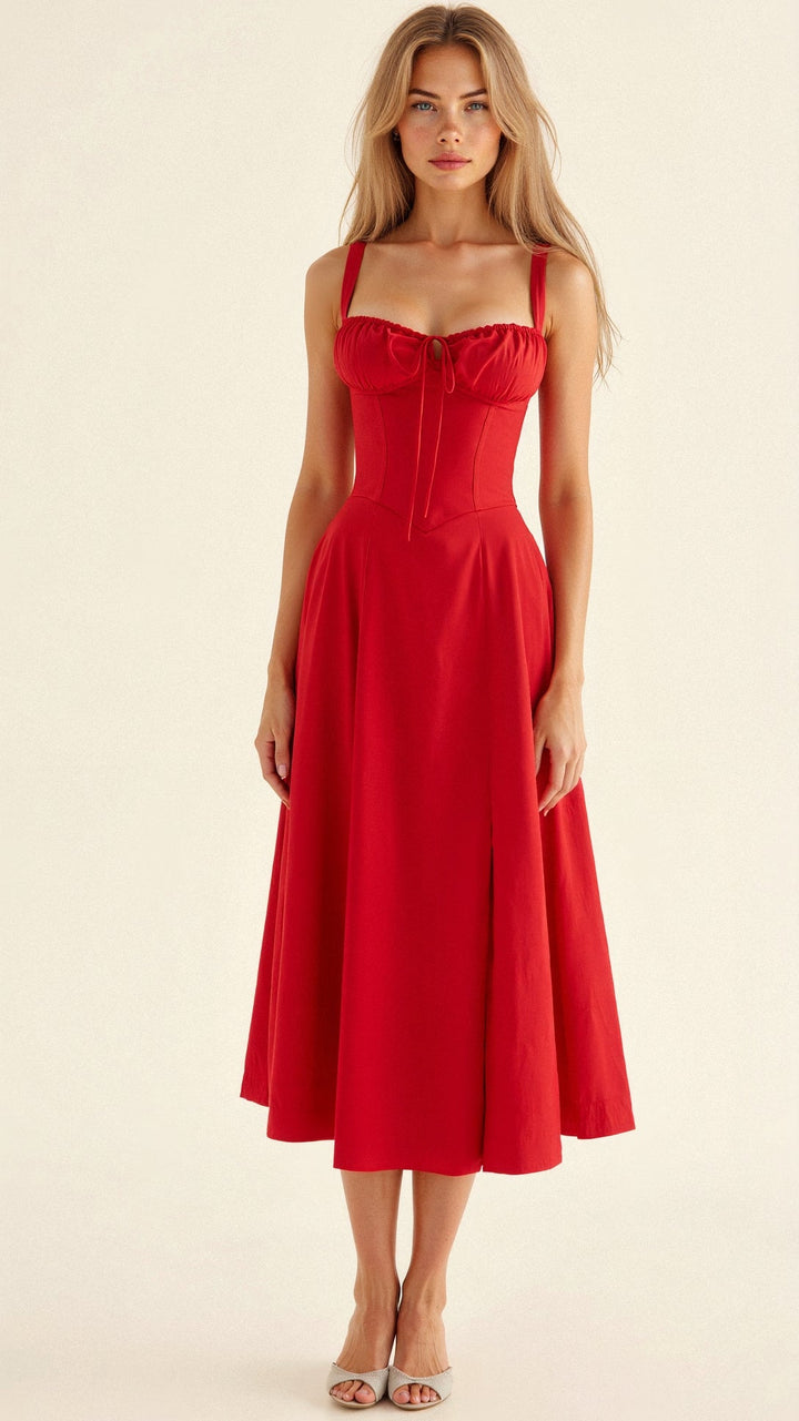 Chic floral midi dress with a corset top and a fashionable side slit, perfect for parties.
