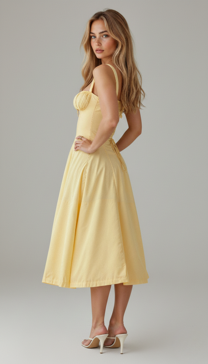 Women's party wear: floral corset midi dress with a trendy side slit for a chic look.