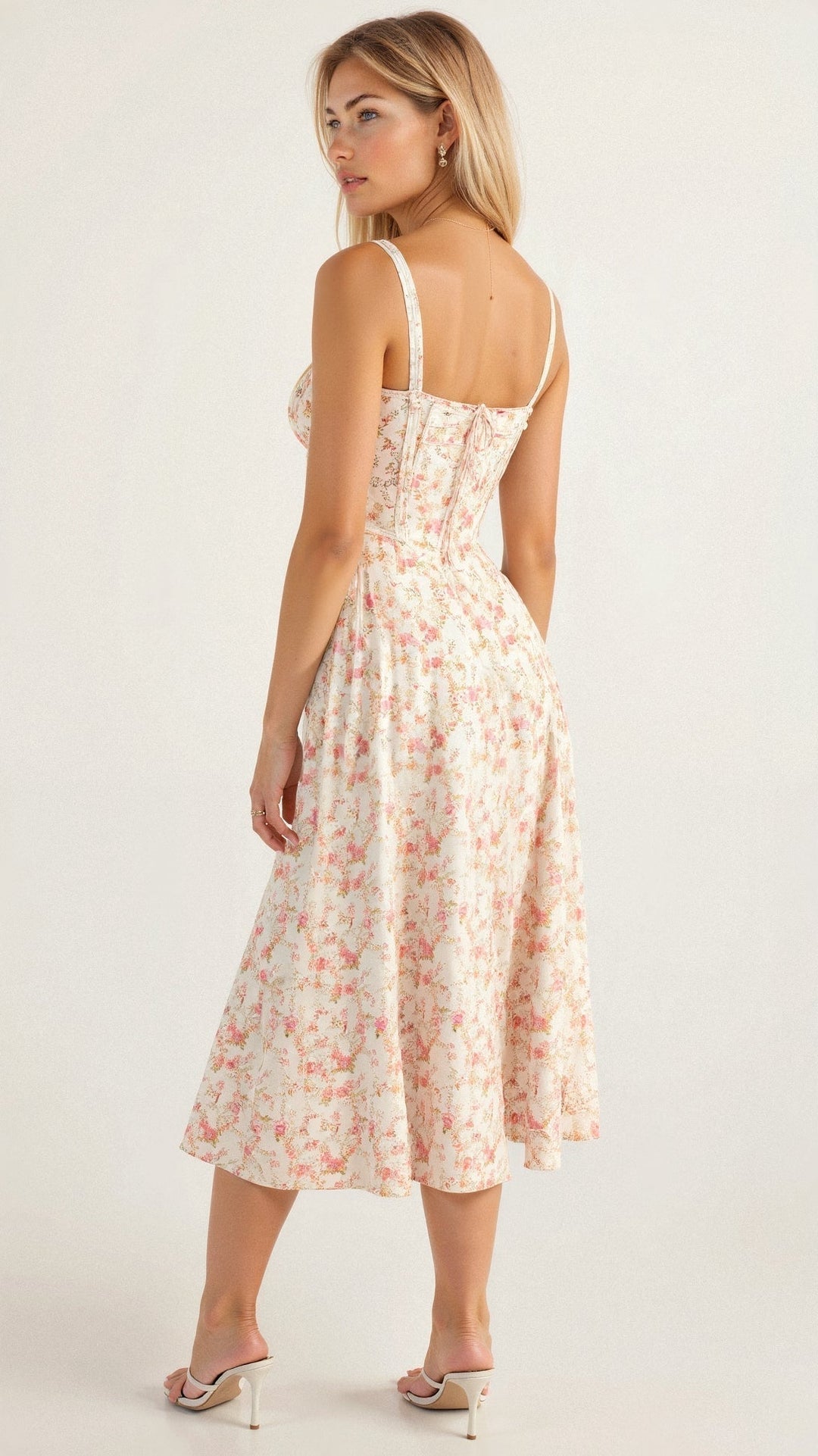 Elegant women's midi dress: vibrant floral pattern, corset bodice, and a chic side slit.