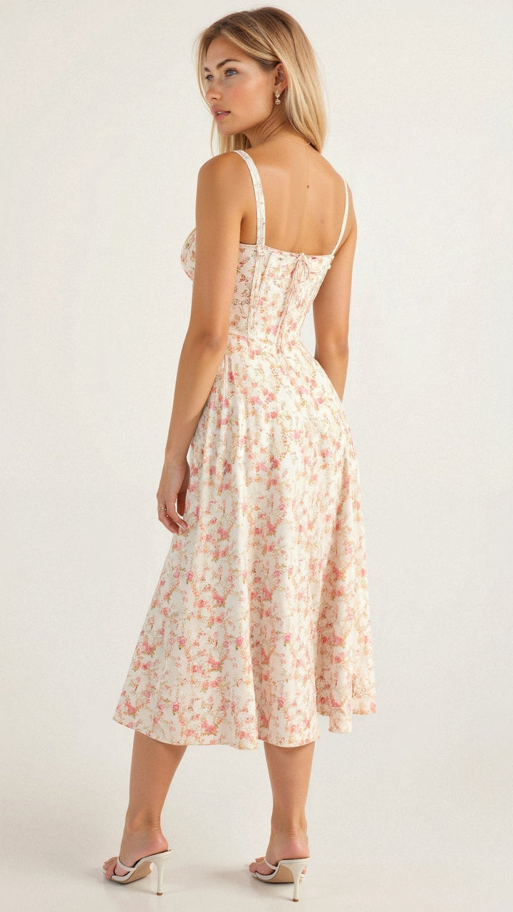 Elegant women's midi dress: vibrant floral pattern, corset bodice, and a chic side slit.