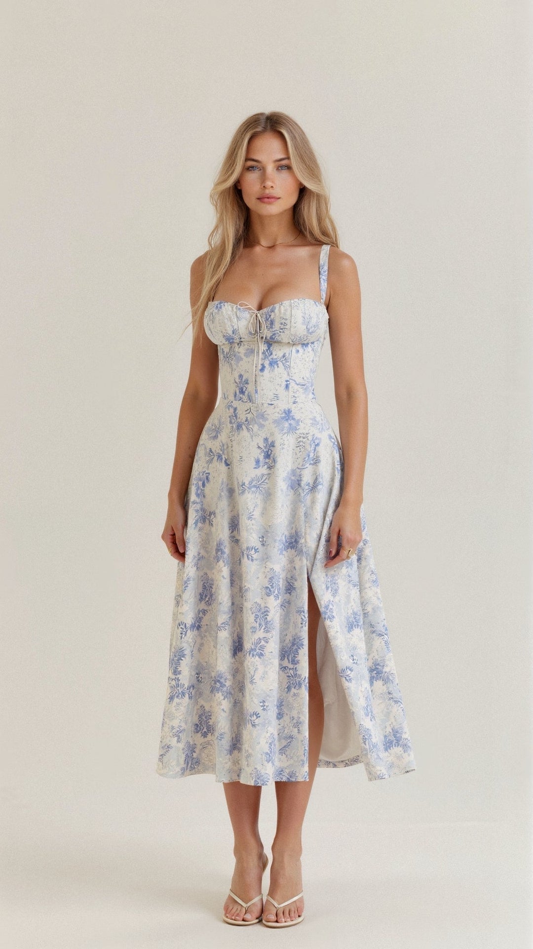 Floral strappy midi dress with a trendy corset design & side slit, ideal for evening wear.