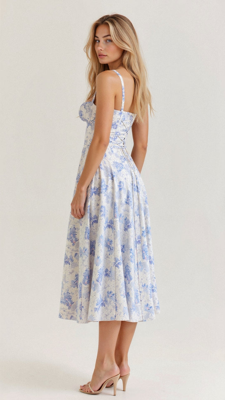 Summer fashion: women's floral midi dress, sleeveless, corset, and a stylish side slit.