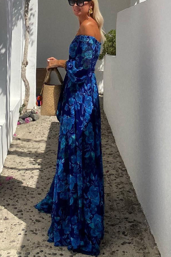 Flowy off-shoulder women's maxi dress with beautiful floral print. Comfortable and stylish for casual or evening wear.