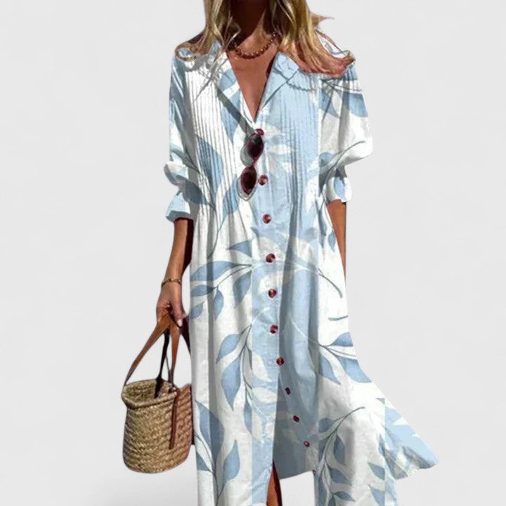 Women's elegant floral pintuck pleated midi shirtdress. Perfect for spring & summer casual wear.