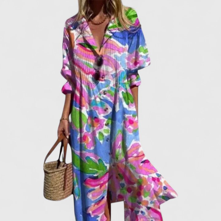 Stylish women's floral v-neck half sleeve midi dress. A chic, elegant pleated shirtdress for any occasion.