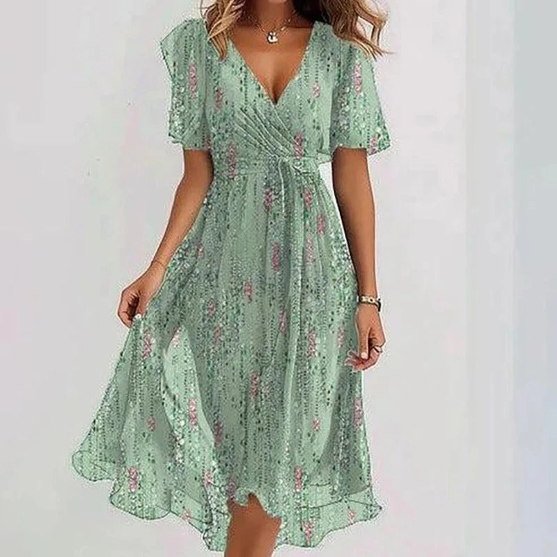 Flowy women's wrap V-neck flutter sleeve midi dress, perfect for elegant casual summer style & occasions.