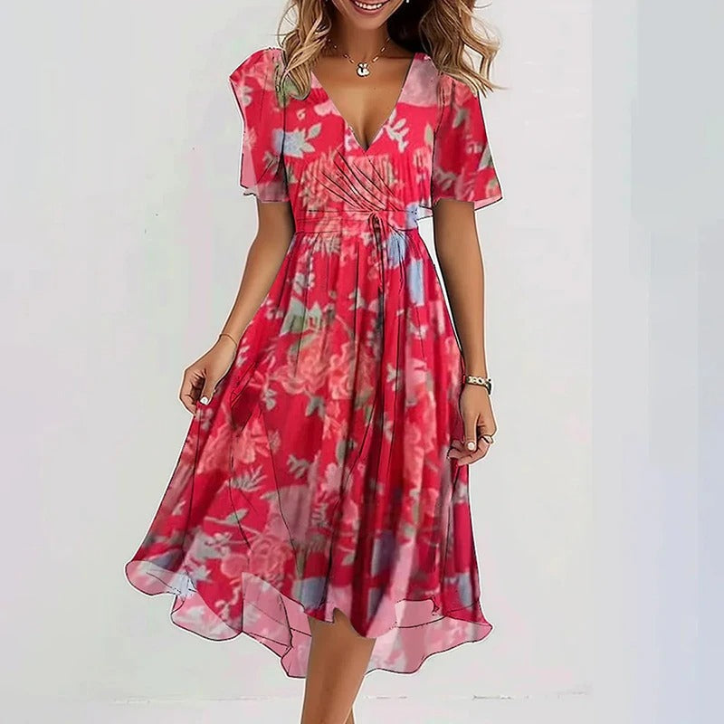 Women's floral wrap V-neck midi dress, perfect for summer style & occasion wear with flutter sleeves.