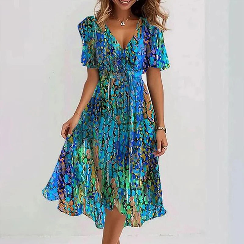 Beautiful women's wrap V-neck midi dress with graceful flutter sleeves & an elegant ruffle hem.