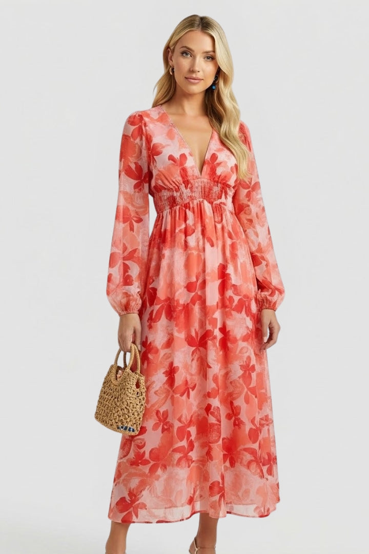 Elegant summer women's floral maxi dress, V-neck, long sleeve, comfortable and fashionable.