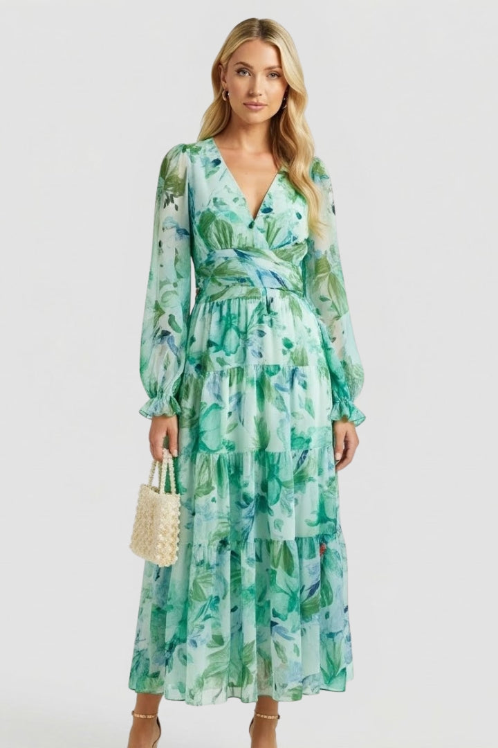 Flowy women's floral maxi dress, V-neck, long sleeve, elegant for summer garden parties.