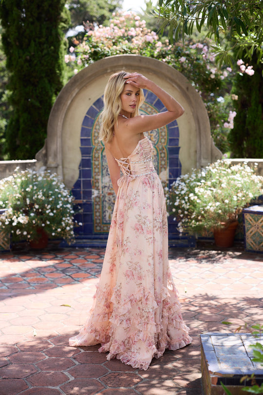 Beautiful floral V-neck ruffle maxi dress. The ultimate summer wedding guest outfit.