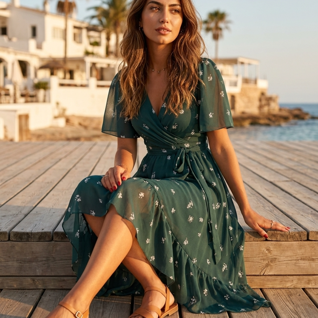 Stylish floral wrap midi dress for women, ideal for parties, wedding guests, or versatile summer fashion.