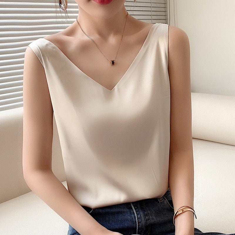 Relaxed fit elegant women's tank top; comfortable, flowing, and perfect as a dressy or casual summer blouse.
