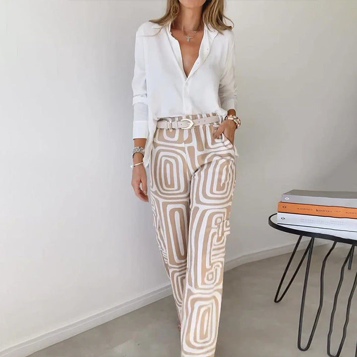 Close-up of the patterned trousers from a women's elegant two-piece set, highlighting style and comfort.