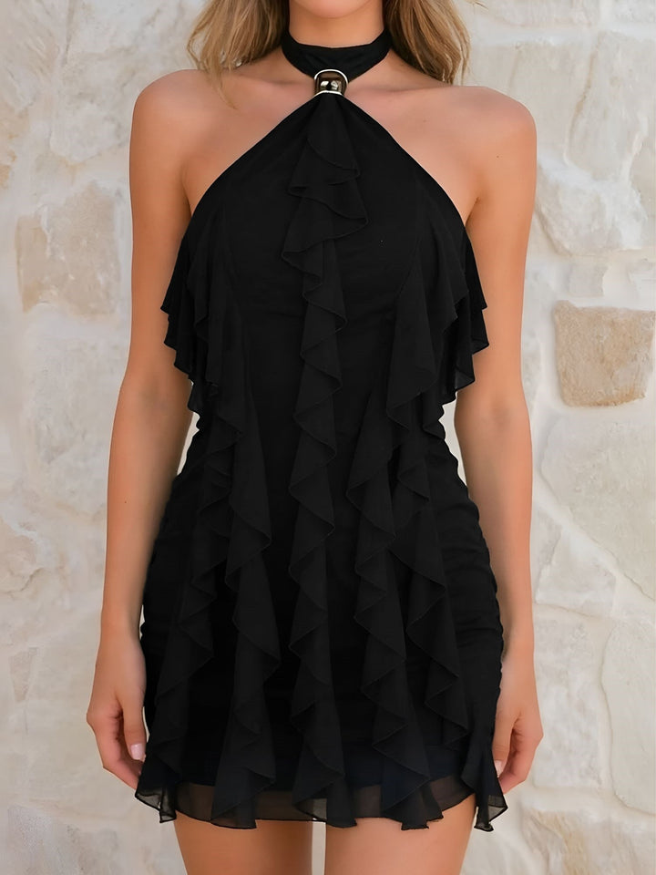 Trendy women's bodycon mini dress with a chic halter neck & tiered ruffles. Essential for fashion-forward looks.
