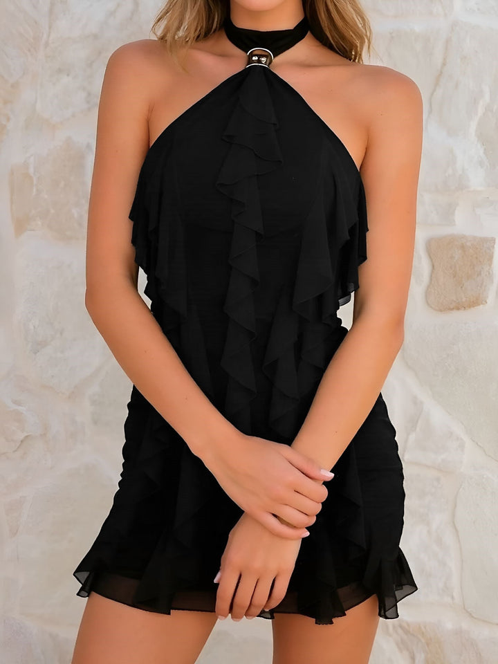 Stylish women's tiered ruffle mini bodycon dress. Features an elegant halter neck, great for parties & summer.