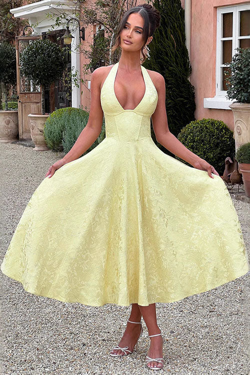 Halterneck A-line maxi dress, a perfect formal gown for women.