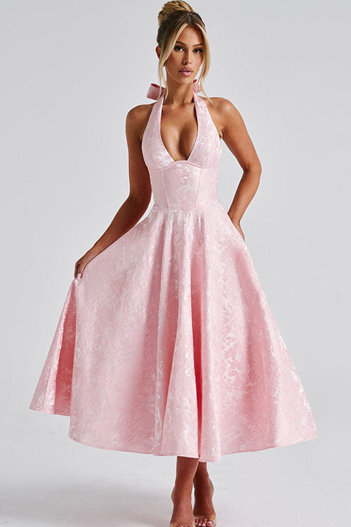 Formal halterneck maxi dress, perfect for weddings & upscale events.