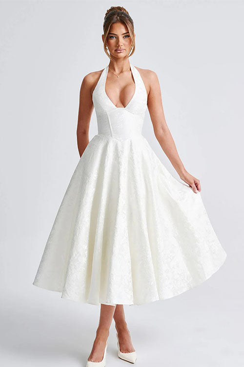 Halterneck maxi party dress, ideal for celebrations and dances.