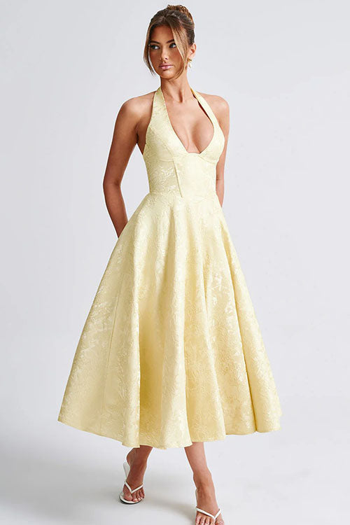 Women's A-line halterneck maxi gown, an elegant special occasion choice.