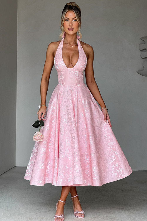 Elegant black halterneck maxi dress, A-line silhouette, evening wear.
