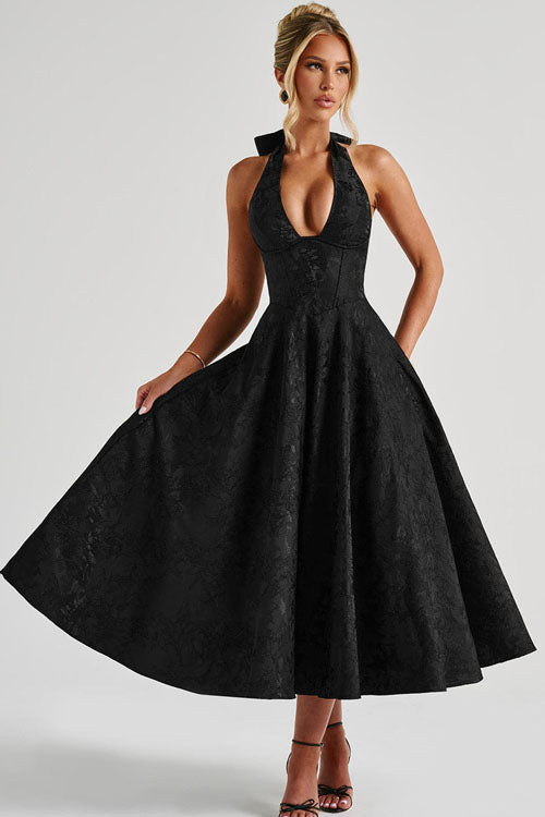 Halterneck prom dress for women, elegant A-line maxi style.
