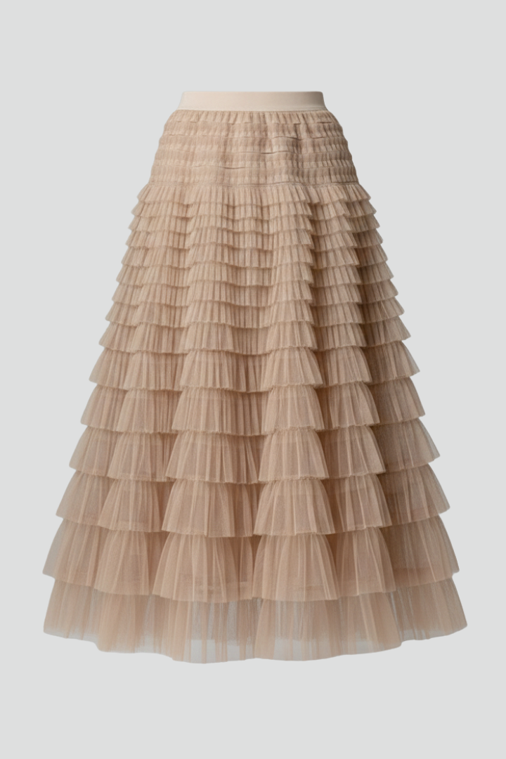 Women's elegant high waist midi skirt with tiered ruffles. Perfect for a chic, feminine look.