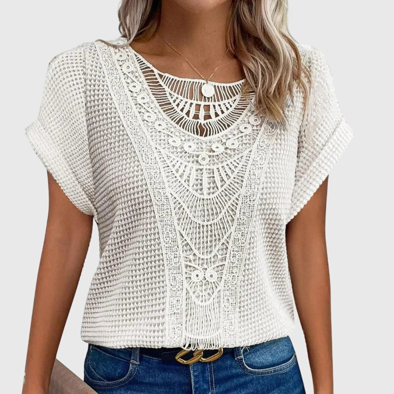 Sophisticated women's Ibiza style blouse, relaxed fit with beautiful lace, perfect for summer.