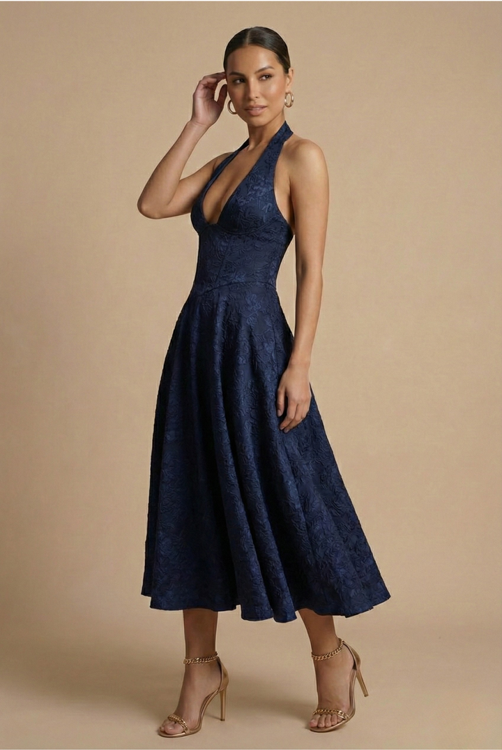 Flattering women's A-line jacquard midi dress with a supportive halter corset, perfect for elegant formal events.