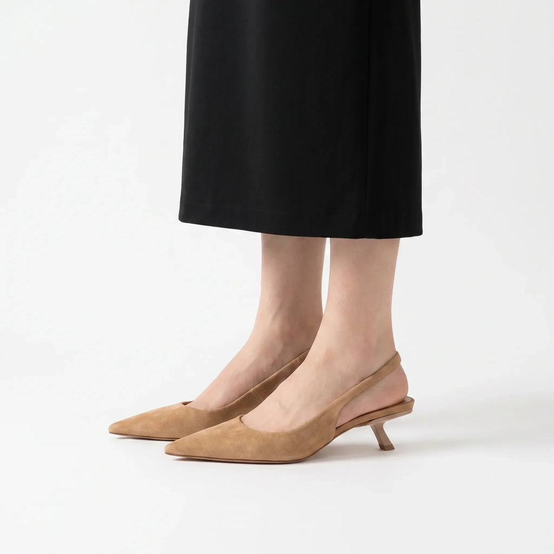 Comfortable pointed toe kitten heel sandals with a classic slingback strap for women.