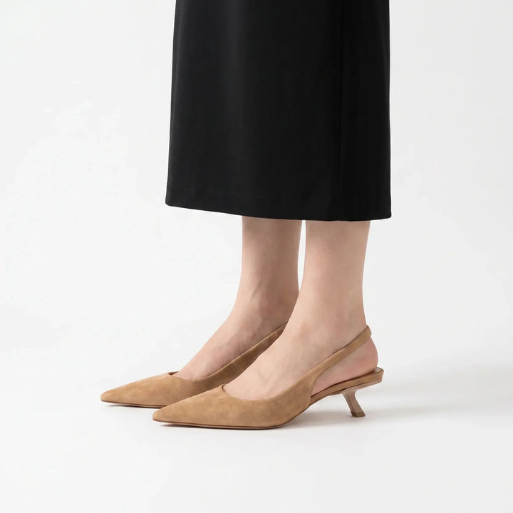 Comfortable pointed toe kitten heel sandals with a classic slingback strap for women.