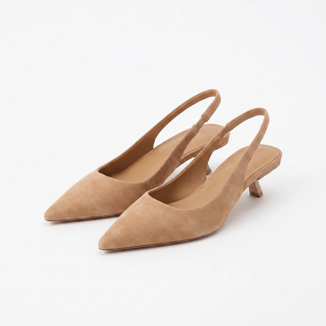 Slip-on kitten heel sandals for women featuring an elegant slingback design and comfortable fit.