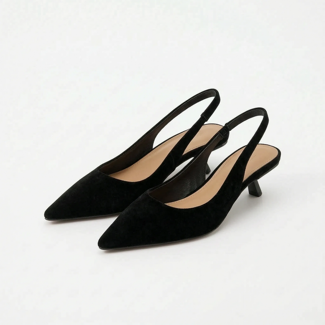 Stylish black kitten heel sandals for women, slingback design with pointed toe for formal events.