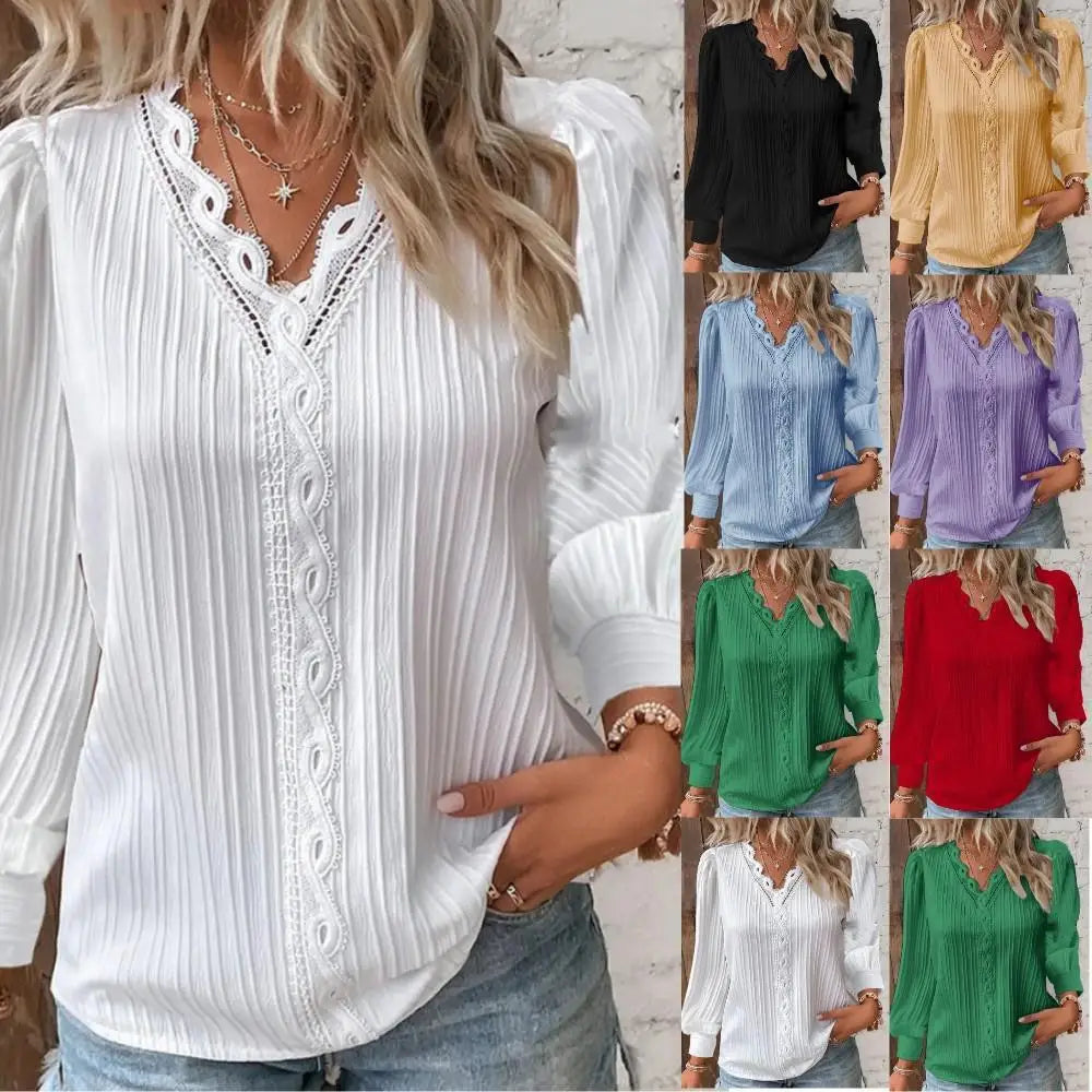 Lightweight women's white blouse, featuring elegant lace and puff sleeves, ideal for summer comfort.