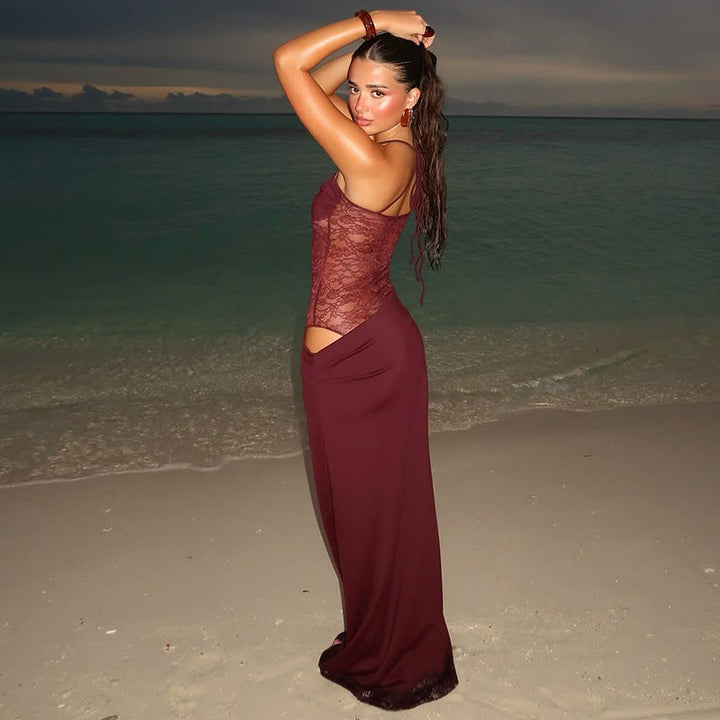 Sleeveless lace maxi dress, an elegant evening gown for women, perfect for special occasions. Features a slim, flattering fit.