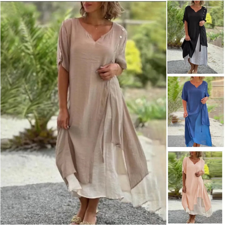 Beautiful women's layered midi dress featuring a flattering V-neck and comfortable short sleeves for summer.