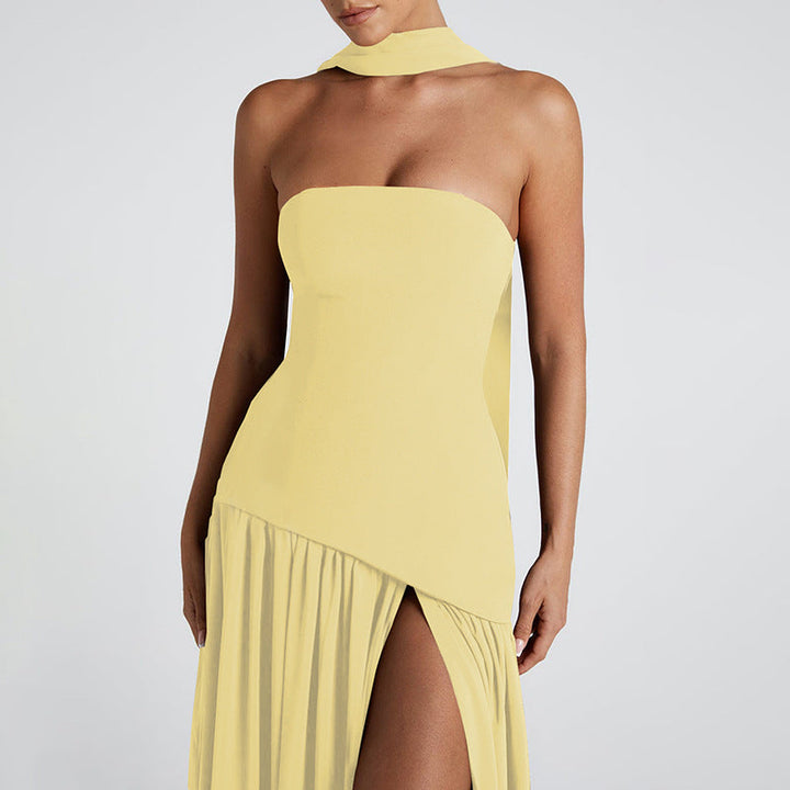 Chic women's bandeau maxi dress. Features a long flowing design & side slit, suitable for many formal occasions.
