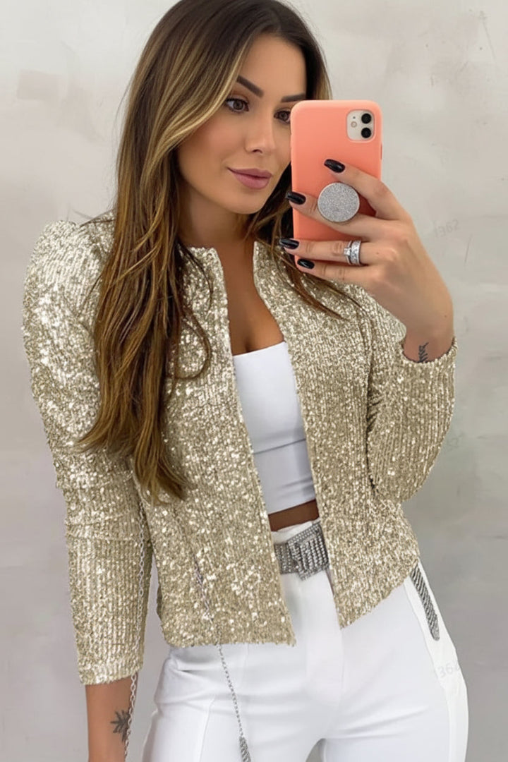 Women's elegant luxe sparkle blazer, perfect for evening wear & festive party attire. Chic tailored jacket for women.