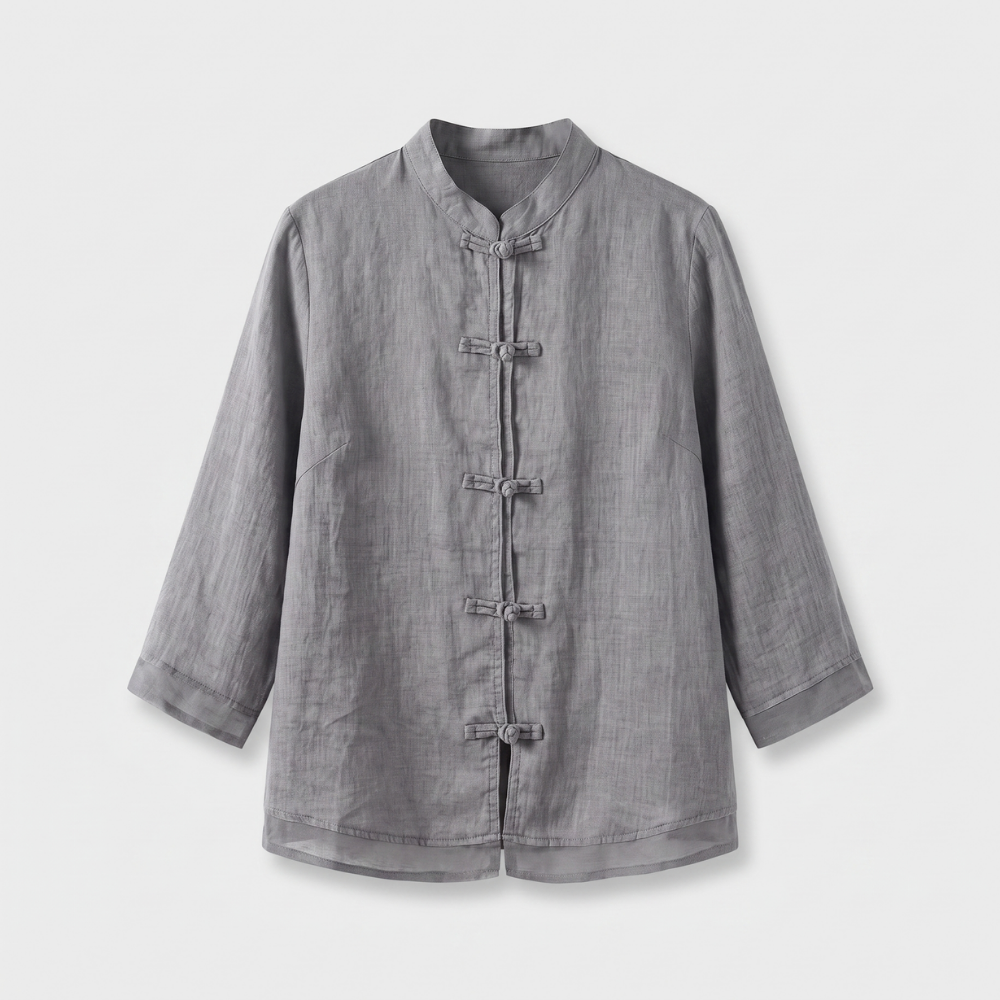 Versatile women's blouse for office & casual, featuring a mandarin collar and distinctive frog buttons.