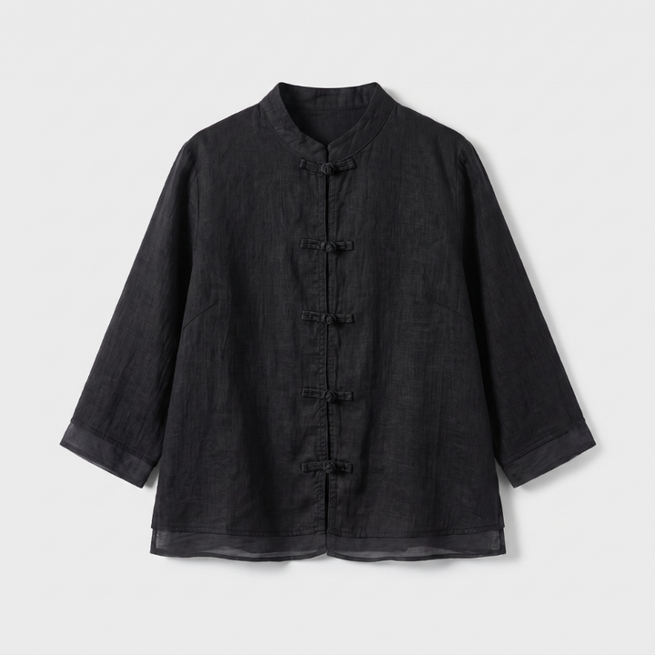 Casual yet elegant women's blouse with mandarin collar, frog buttons, ideal for warm weather.