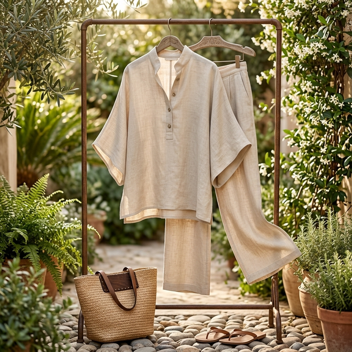 Close-up: elegant mandarin collar detail on a women's stylish wide-leg two-piece set.