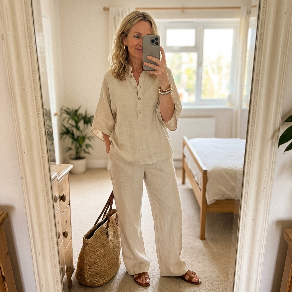 Front view: women's fashionable mandarin collar wide-leg two-piece set for summer.