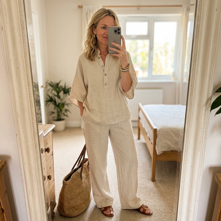 Front view: women's fashionable mandarin collar wide-leg two-piece set for summer.
