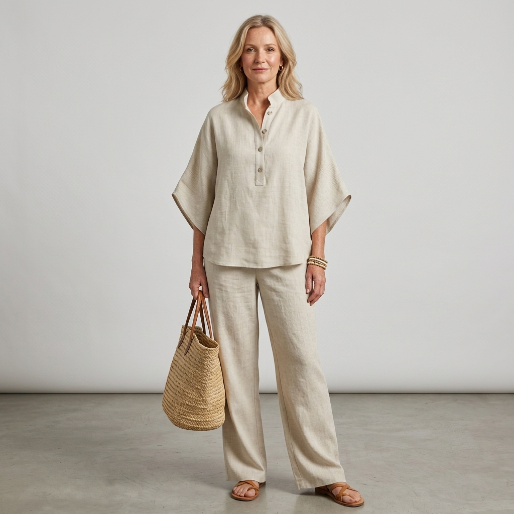 Chic women's two-piece set: mandarin collar top & flowy wide-leg pants for effortless style.