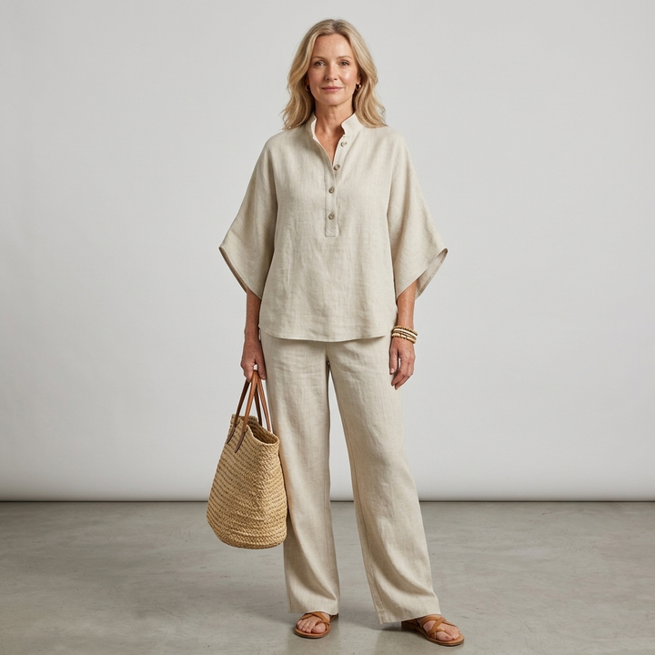 Chic women's two-piece set: mandarin collar top & flowy wide-leg pants for effortless style.