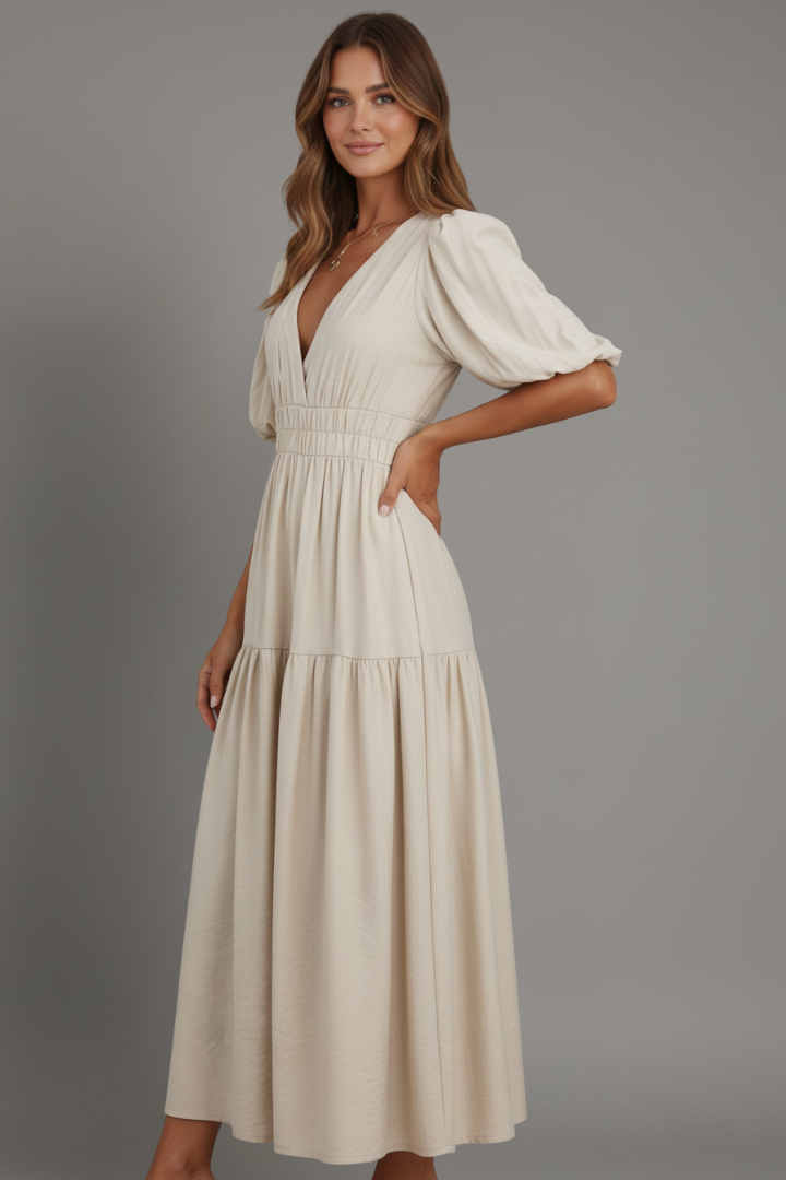 Stylish women's midi dress featuring a flattering V-neck and a flowing layered hem, ideal for day or evening.