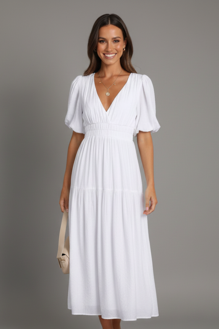 Summer fashion women's midi dress, V-neck, layered hem. A comfortable and stylish day-to-evening choice.