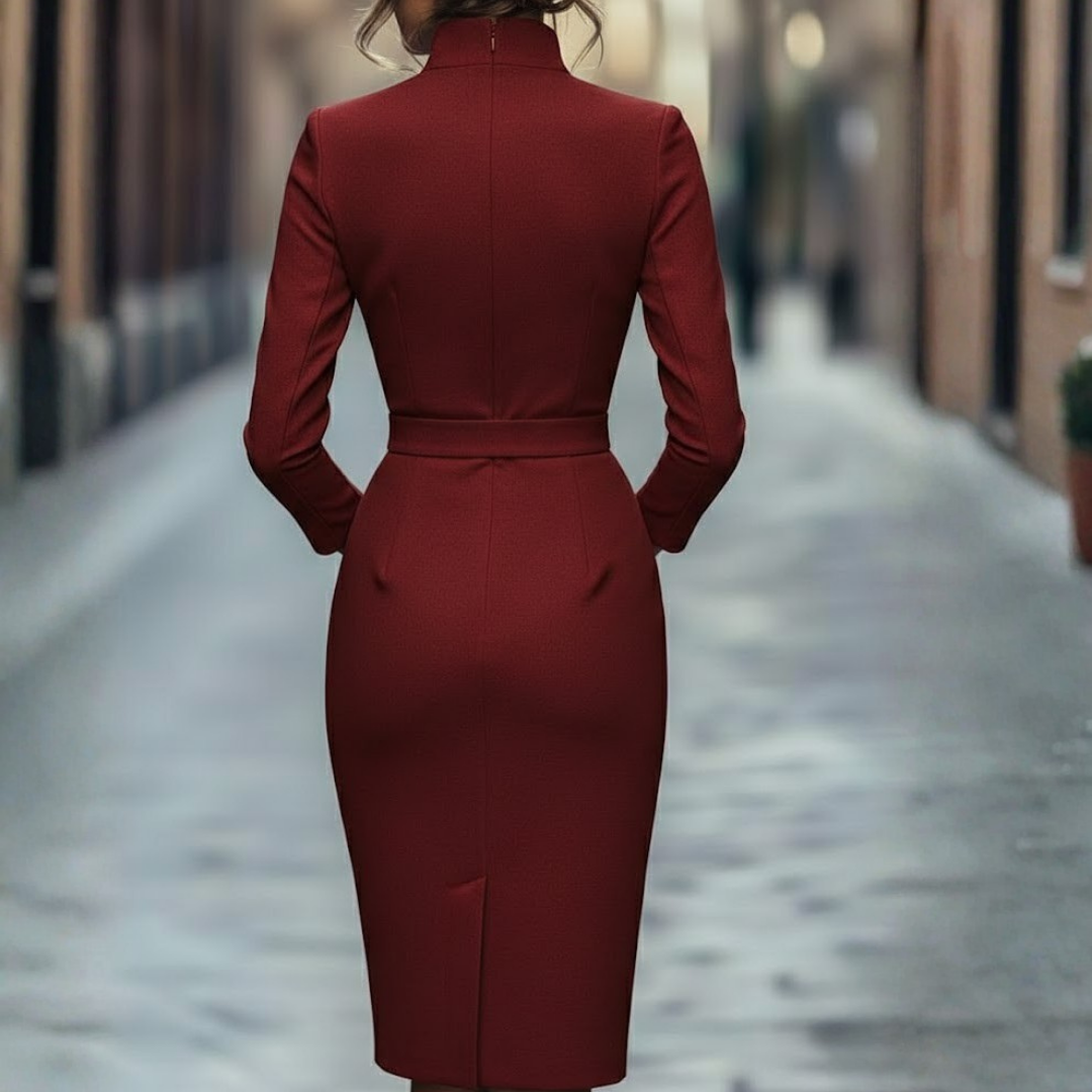 Fitted elegant mock wrap pencil dress for women, with three-quarter sleeves. Sophisticated formal & office workwear.