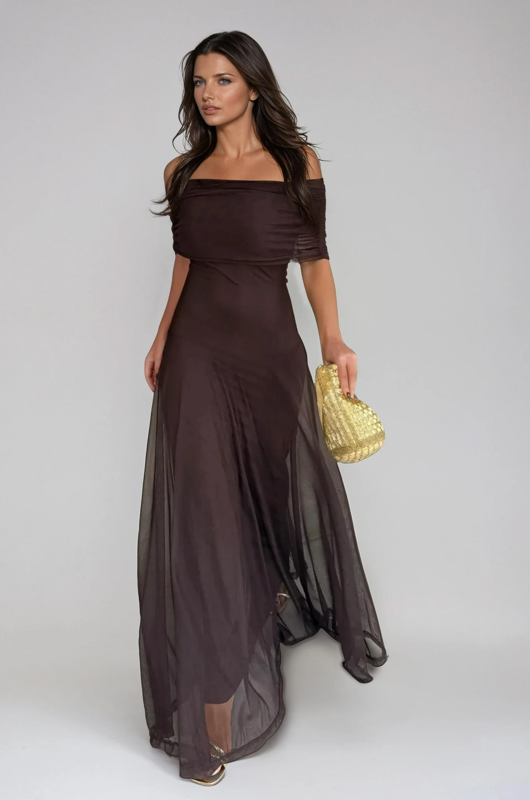Women's elegant off-shoulder brown maxi dress, perfect for evening parties and formal occasions.
