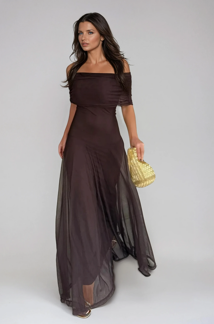 Women's elegant off-shoulder brown maxi dress, perfect for evening parties and formal occasions.
